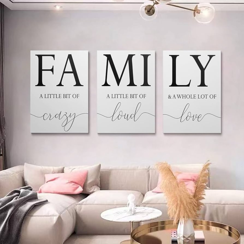 Wall Art Set Triptych Minimalist Typography Family Themed Black White