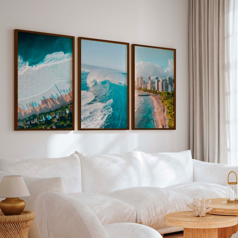 Wall Art Set: Triptych Modern Aerial Photography of Ocean City Panorama.