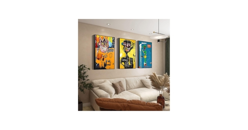 Wall Art Set Triptych Neo Expressionist Graphics High Contrast Yellow Bold