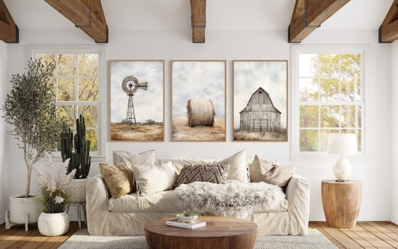 Wall Art Set Triptych Wall Art Over Sofa Rustic Farm Prints Framed