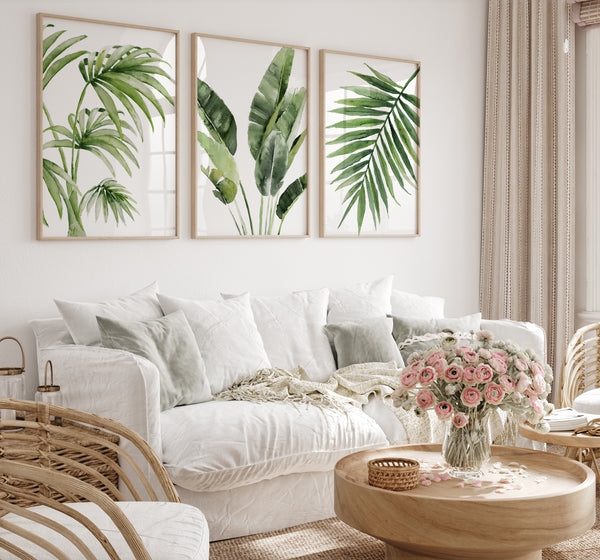 Wall Art Set Triptych Watercolor Style Sage Green Botanical Wood Frames