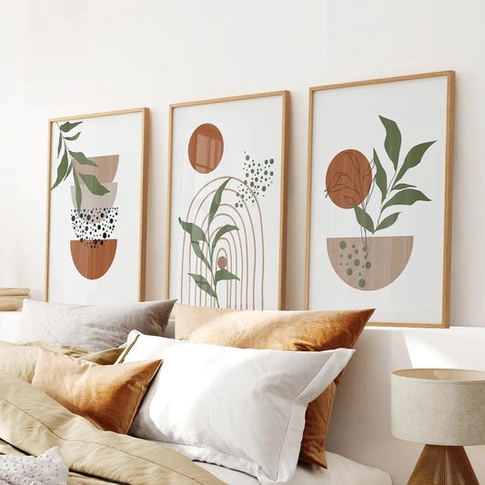 Wall Art Set Triptych with Thin Frames, Terracotta and Sage Botanical.
