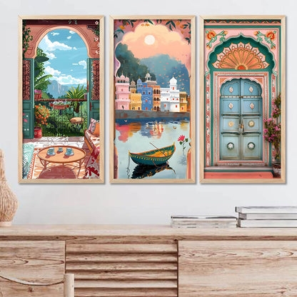 Wall Art Set Triptych with Vibrant Indian Architecture Theme