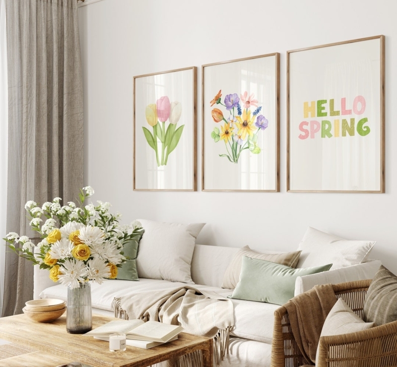 Wall Art Set, Triptych with Watercolor Florals & Typography
