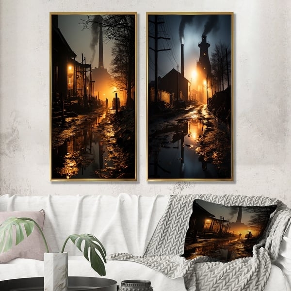 Wall Art Set: Two Gold Framed Amber Glow Industrial Landscapes