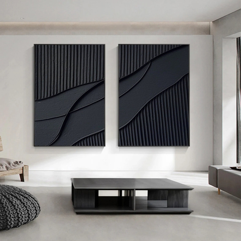 Wall Art Set: Two Large Vertical Ribbed Plaster-Like Black Canvases