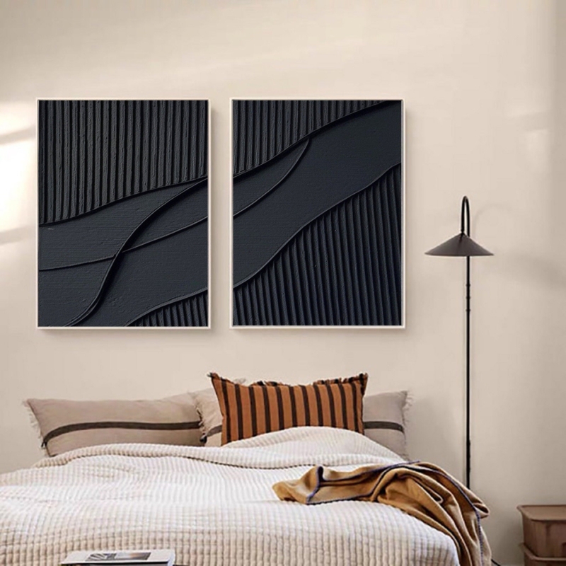 Wall Art Set: Two Large Vertical Textured Black Panels for Bedroom Decor