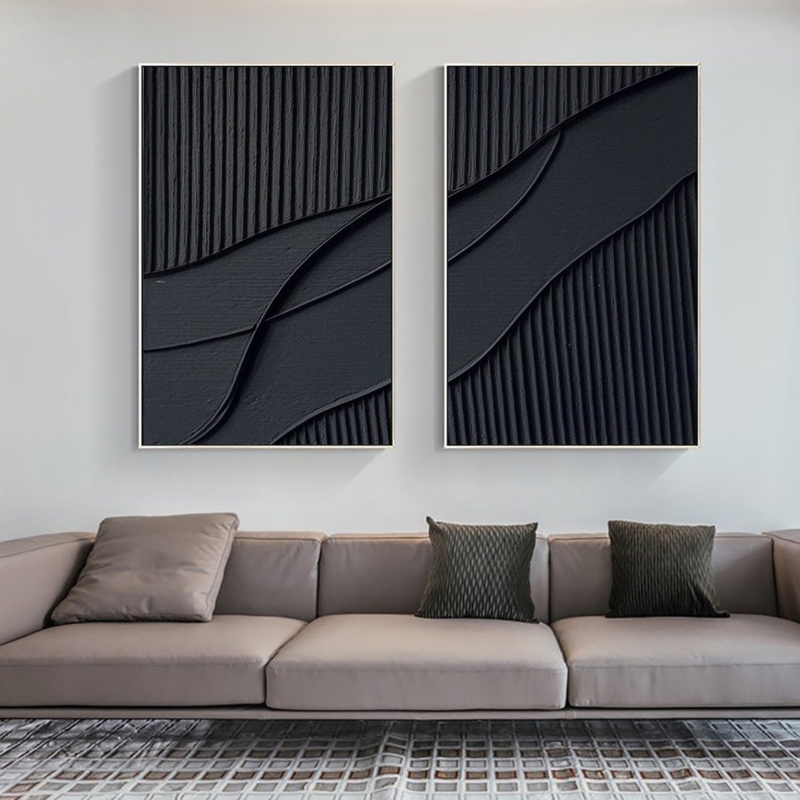 Wall Art Set: Two Oversized Black Relief Paintings with Vertical Ribbing