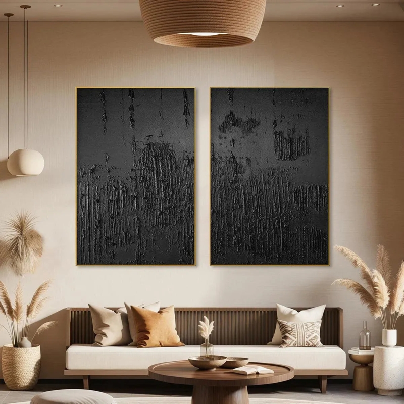 Wall Art Set: Vertical Black Textured Diptych for Japandi Living Room