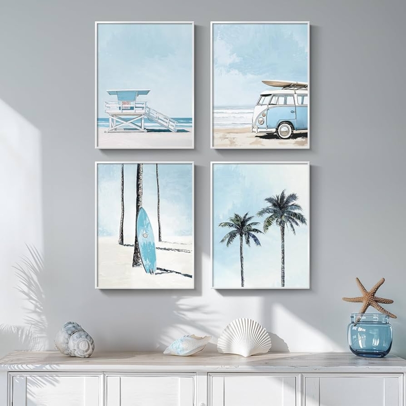 Wall Art Set Vintage Beach Motifs Blue and White Bedroom