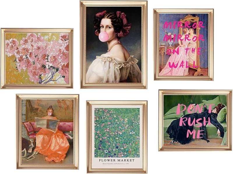Wall Art Set: Vintage Bubblegum Portraits, 6-Piece Pink & Gold Set