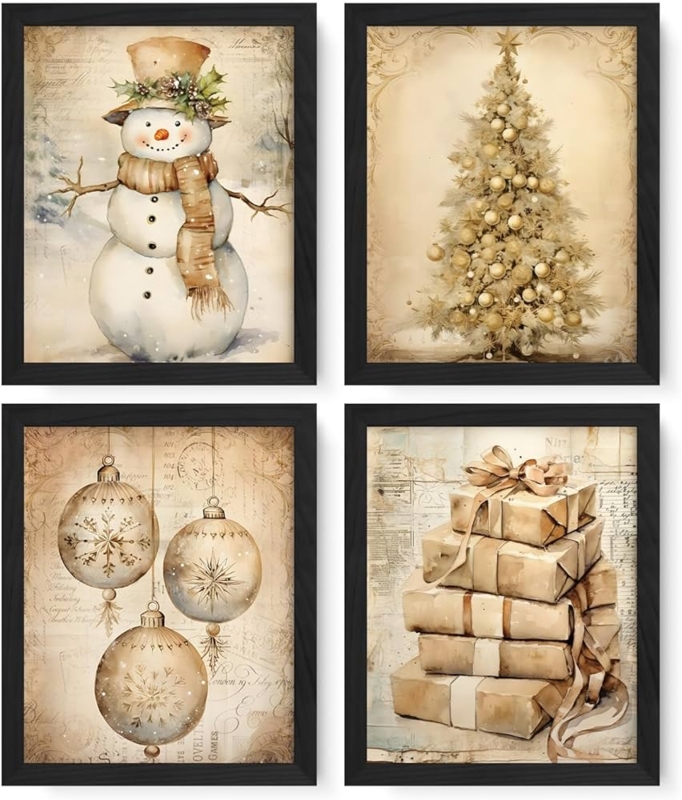 Wall Art Set Vintage Christmas Sepia Tone Prints Rustic Holiday Gallery
