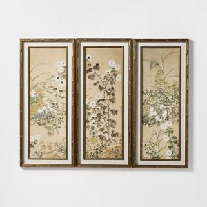 Wall Art Set Vintage Gold Bamboo Style Frame Botanical Triptych Floral