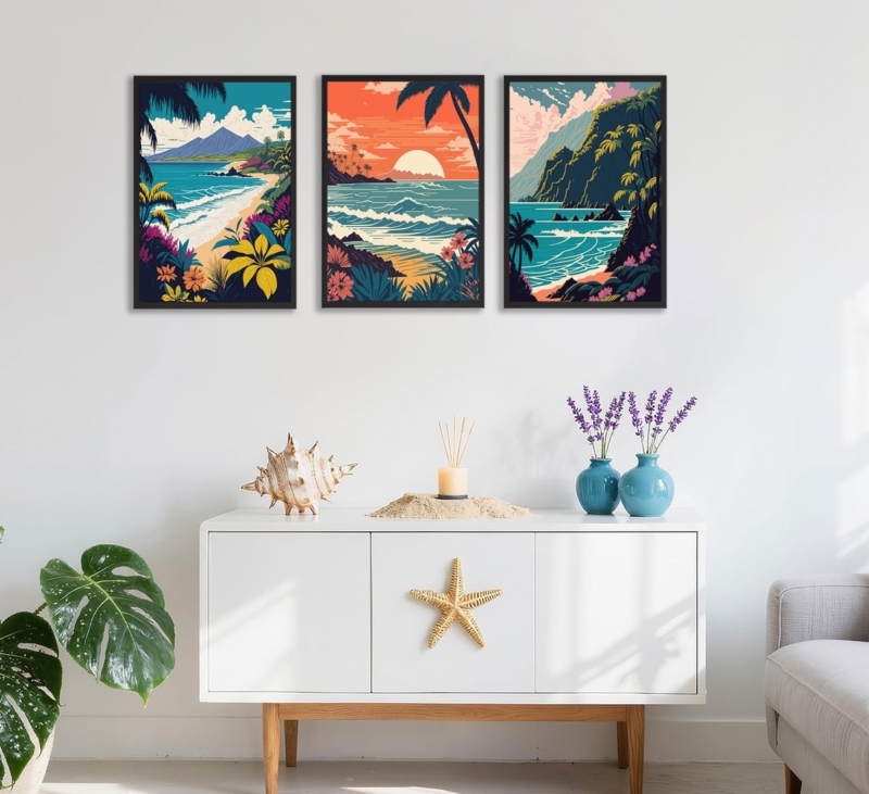 Wall Art Set Vintage Travel Poster Style Beach Scenes Framed Prints
