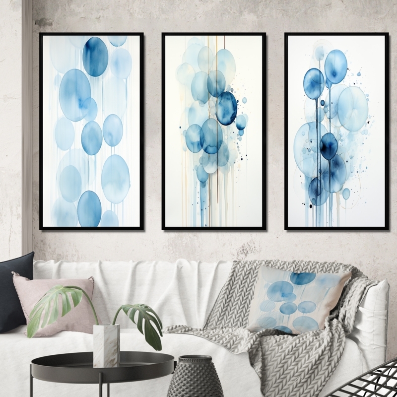 Wall Art Set Watercolor Circles Thin Black Frames Triptych Geometric