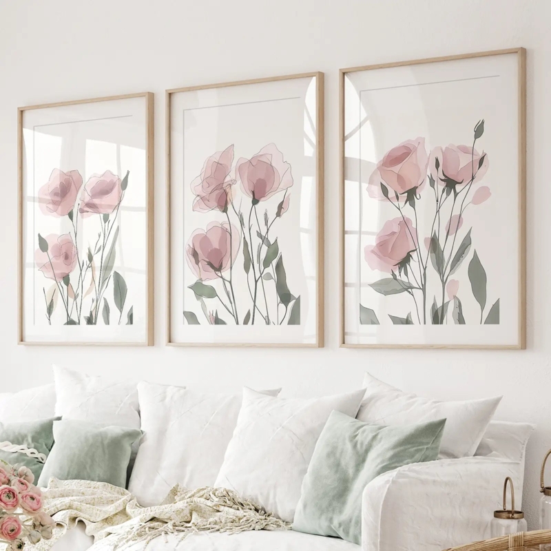 Wall Art Set Watercolor Florals Triptych Matted Wood Frames