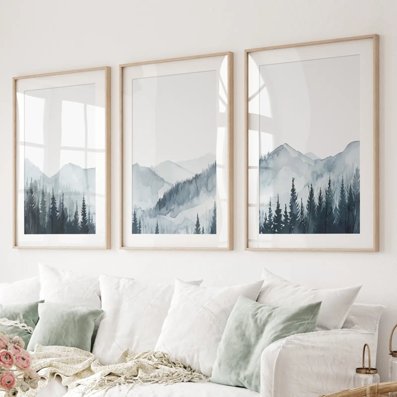 Wall Art Set Watercolor Forest Thin Wood Frames Scandinavian