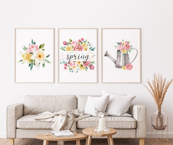 Wall Art Set, Watercolor Triptych with Botanical Motifs