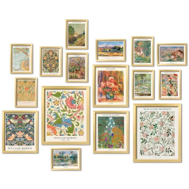 Wall Art Set: William Morris & Floral Prints, Gold Framed 16-Piece Set
