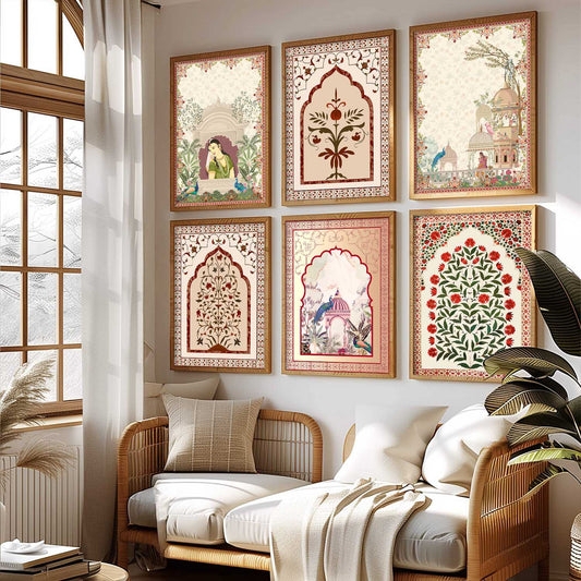 Wall Art Set with Mughal Style Arches and Traditional Indian Motifs