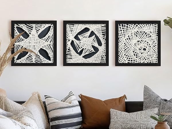 Wall Art Set: Woven String Shadow Box with Monochromatic Contrast