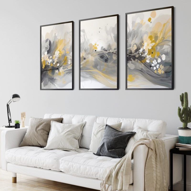 Wall Art Set Yellow Accents Triptych Scandinavian Gallery Decor