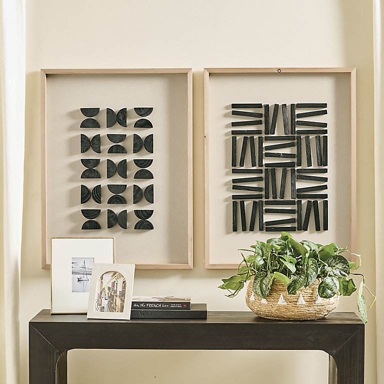 Wall Art Shadow Box Geometric Wood Shapes Linen Dimensional Set