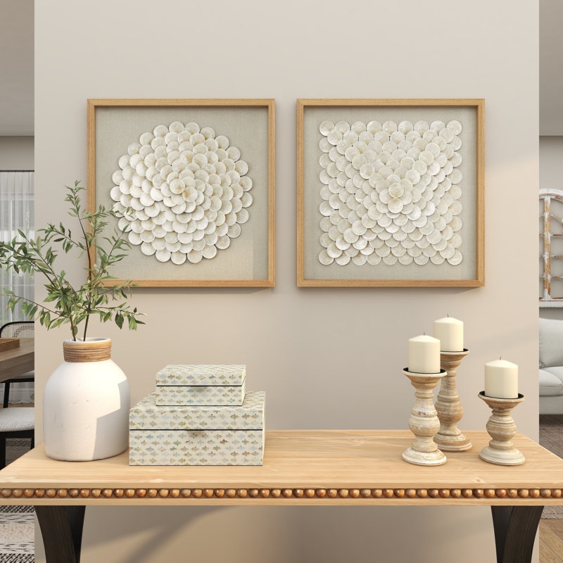 Wall Art Shadow Box Set Handmade Shell Geometric Coastal Cream