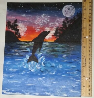 Wall Art Silhouette Dolphin Split Sky Design Hand-Painted Coastal.