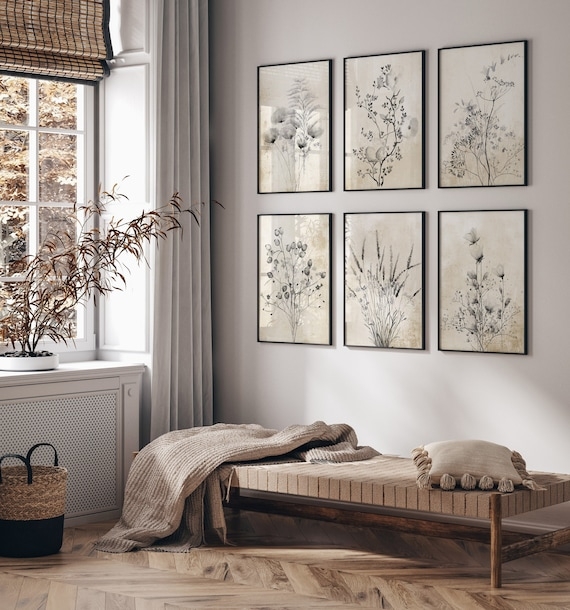 Wall Art Six Piece Grid Botanical Illustrations Black Frames Boho Chic
