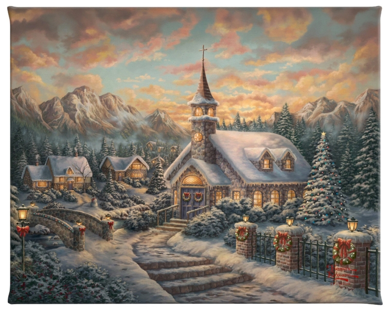 Wall Art, Snowy Church Scene, Wrapped Canvas, Nostalgic Snowy Church