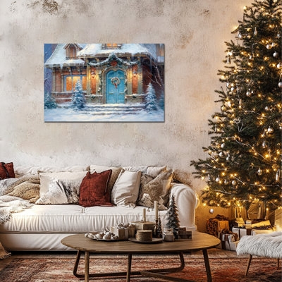 Wall Art, Snowy Cottage Scene, Blue Door Accent, Christmas Cottage