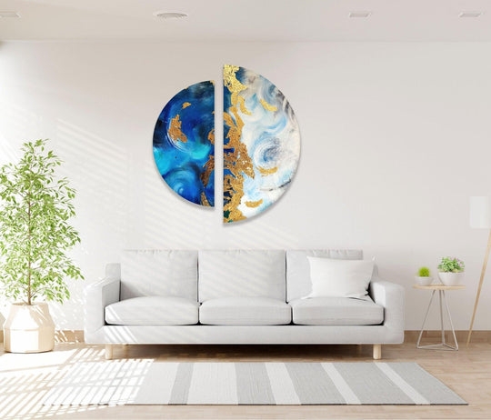 Wall Art: Split Panel Circular Abstract Fluid Art Set in Blue (66)