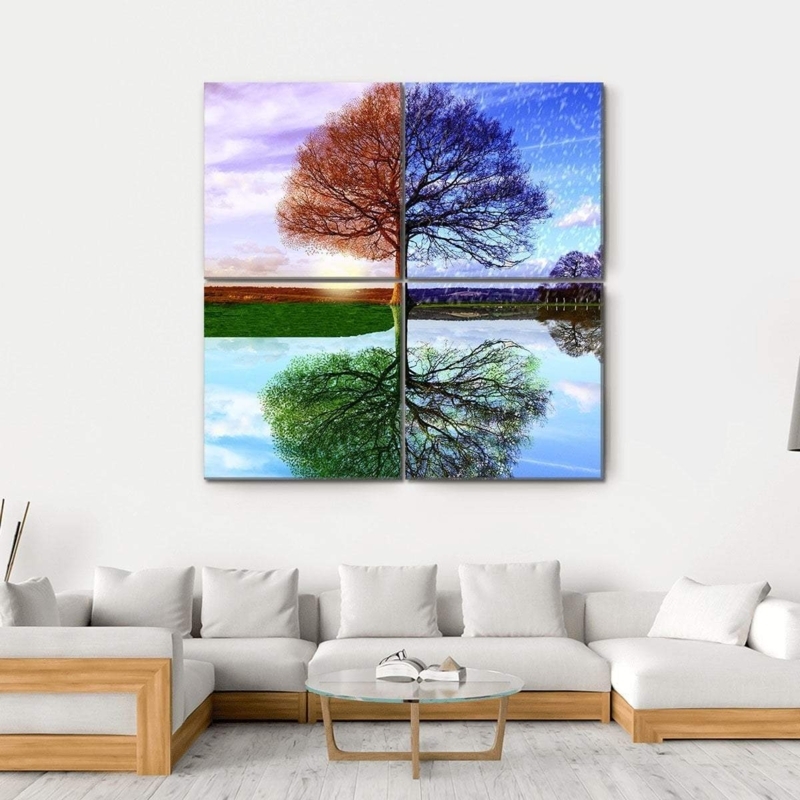 Wall Art Split Season Theme Tree Reflection Motif Four Panel Square Canvas