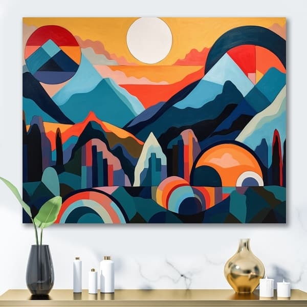 Wall Art Square Canvas Geometric Mountain Landscape, Mid-Century Palette