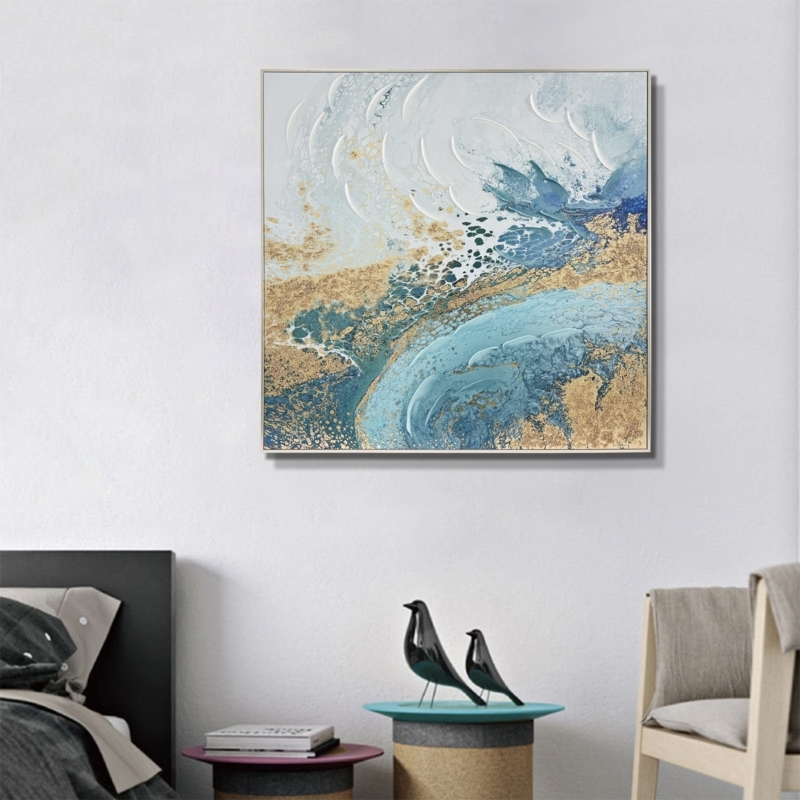 Wall Art Square Canvas Teal Gold Impasto | Airy Coastal Bedroom Decor