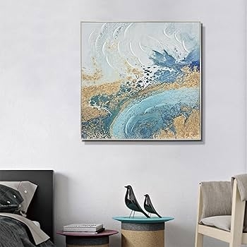 Wall Art: Square Canvas with Heavy Texture Abstract Waves and Gold Foil