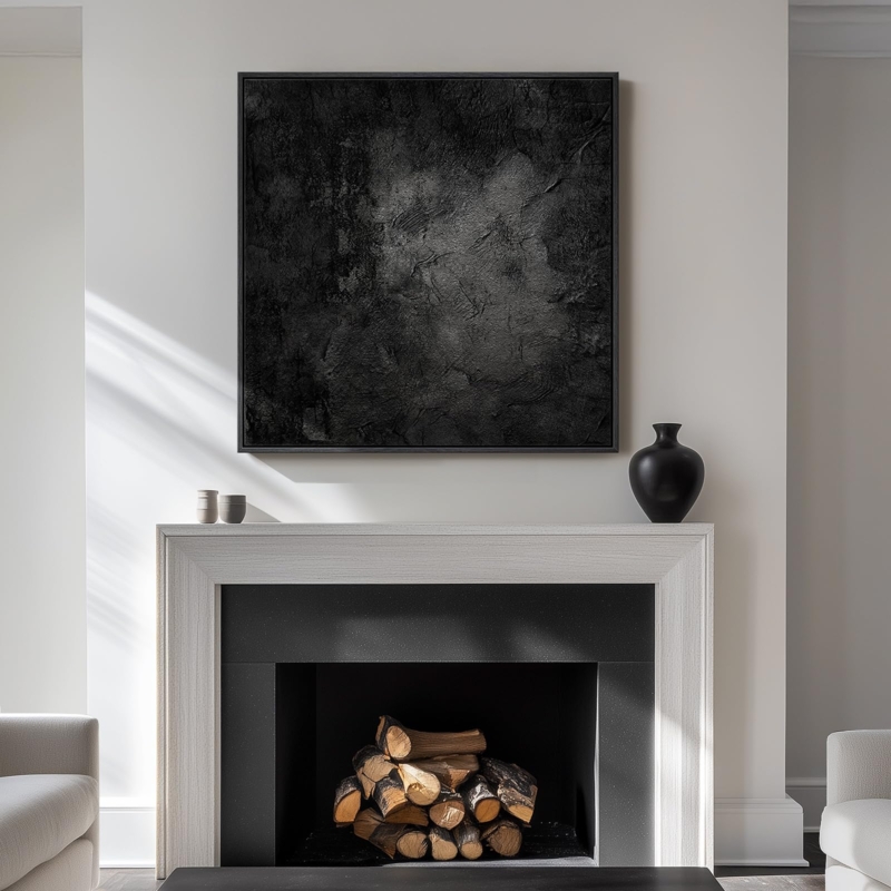 Wall Art: Square Minimalist Black Abstract with Heavy Impasto Texture