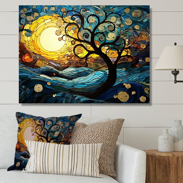 Wall Art Stained Glass Style Swirling Tree, Blue and Yellow Canvas