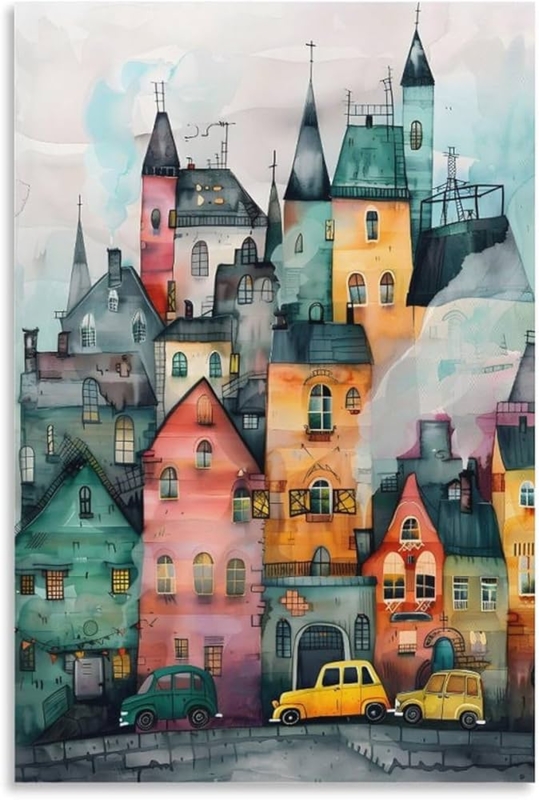 Wall Art Stylized Townscape Whimsical Architecture Vivid Palette