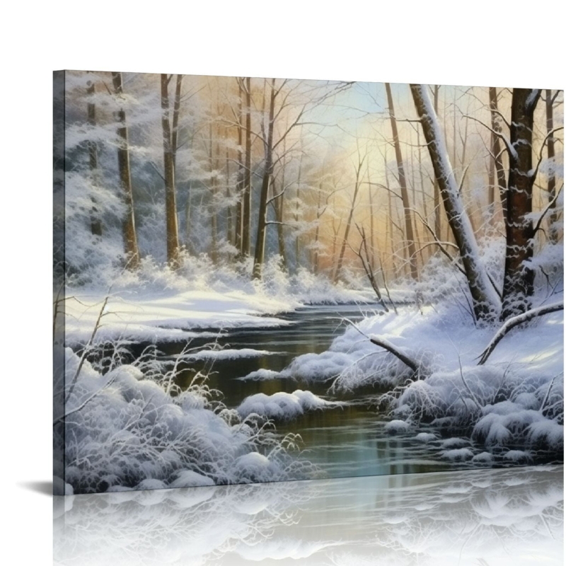 Wall Art: Sunlit Winter Woods Painting, Gallery Wrapped, River Scene