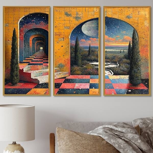 Wall Art: Surrealist Triptych Wall Art Set Retro Futuristic Infinity Arches