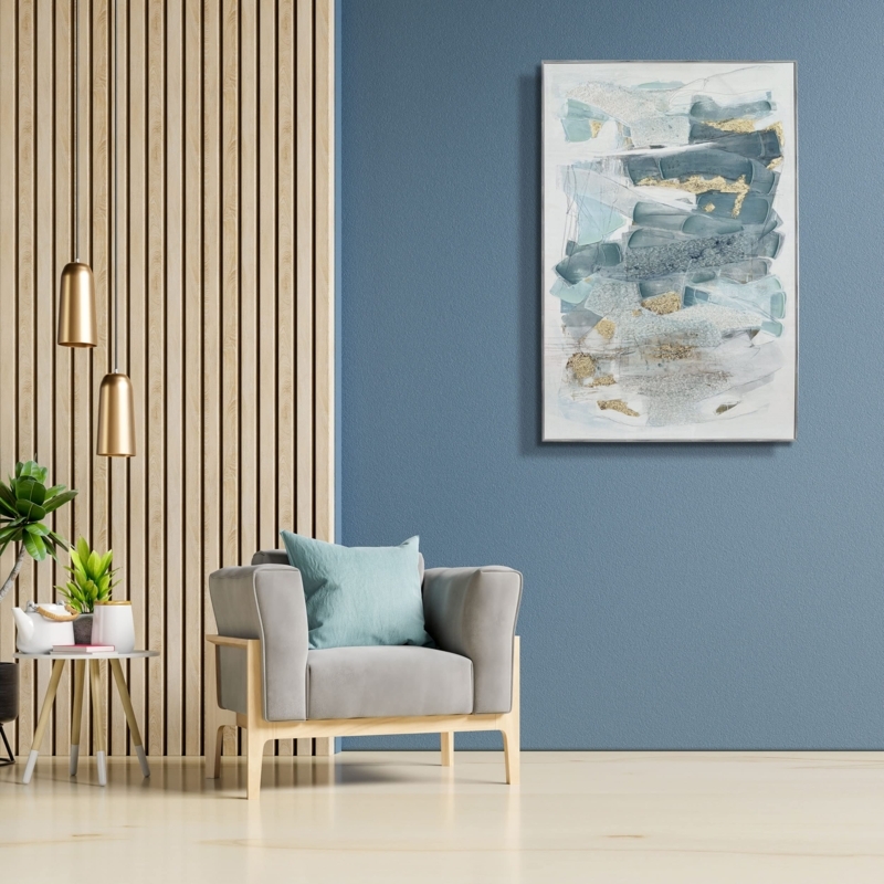 Wall Art: Teal Abstract Canvas with Gold Foil Accents in Modern Lounge