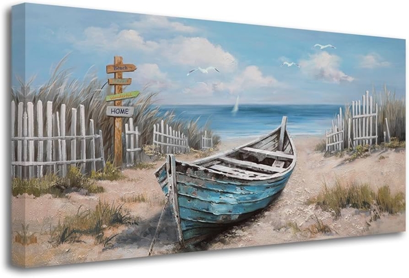 Wall Art Teal Boat Beach Painting Textured Finish Gallery Wrapped Canvas