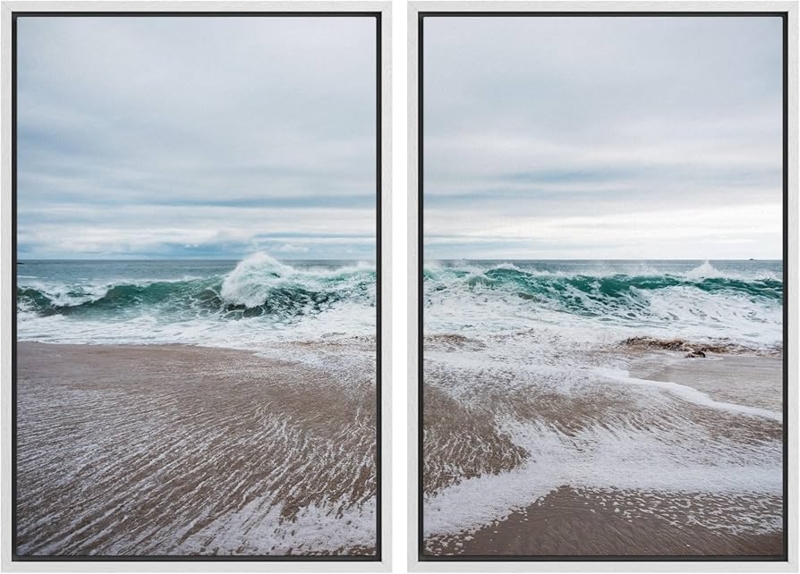 Wall Art: Teal Coastal Diptych with Frothy Wave Texture White Frames (74)