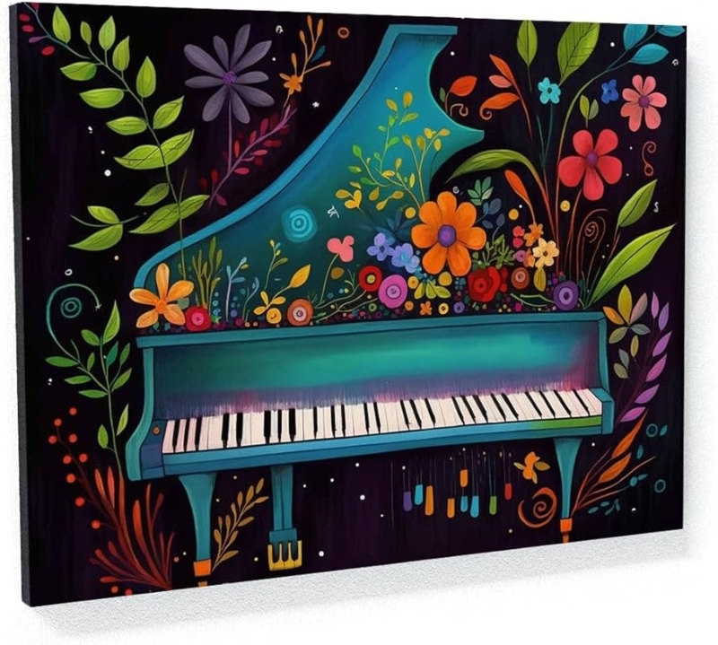 Wall Art Teal Grand Piano Floral Overflow Whimsical Eclectic Canvas.