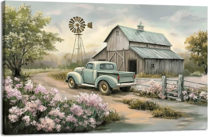 Wall Art Teal Pickup Truck Canvas Print Vintage Truck Weathered Barn
