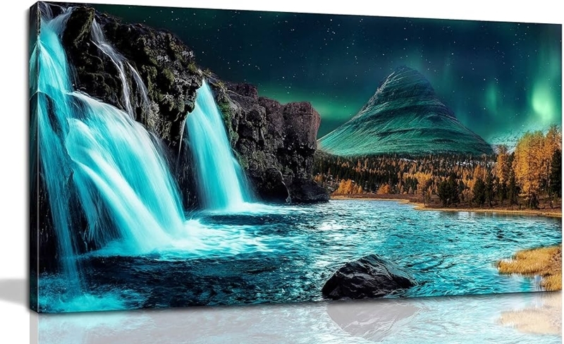 Wall Art Teal Waterfall Aurora Borealis Theme Horizontal Landscape Print