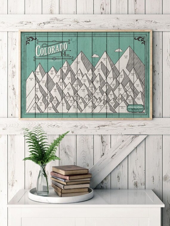 Wall Art: Teal & White Colorado Mountain Graphic Print Rustic Framed