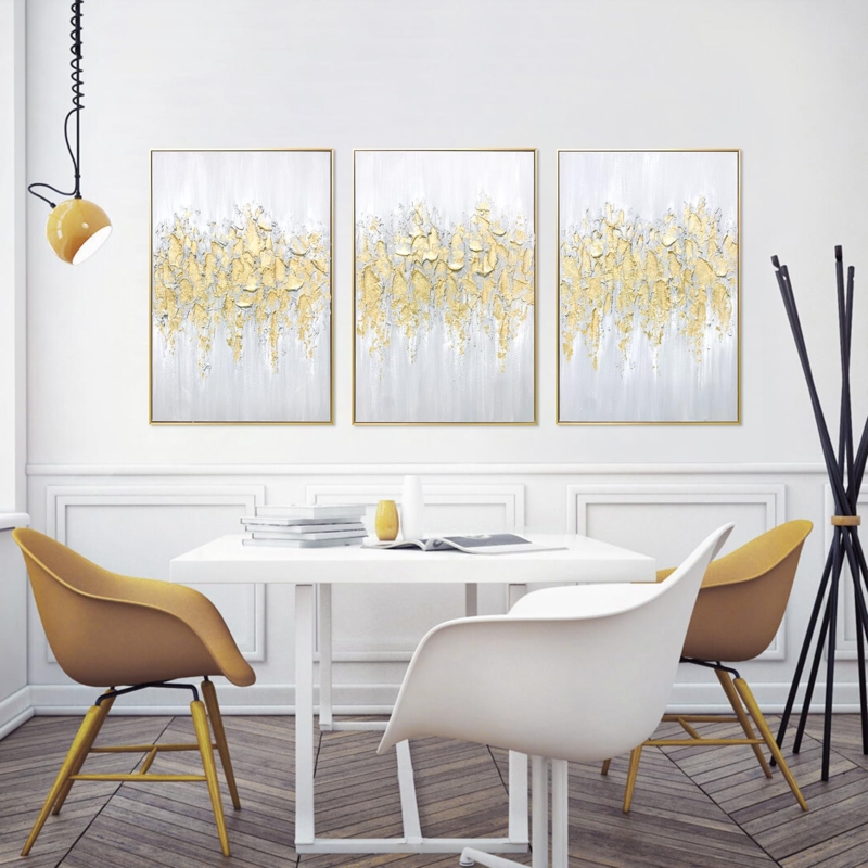 Wall Art Textured Gold Leaf Triptych, Glam Gold Abstract Wall Art